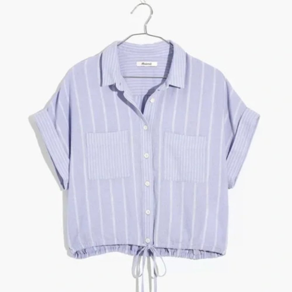 Madewell Stripe Play Linen Blend Drawstring Button-Up Shirt in Distant Lavender